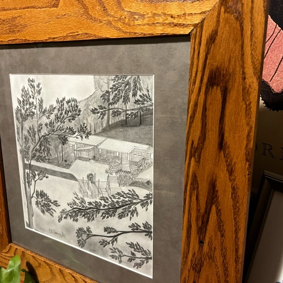 Vintage wooden Framed Signed by Artis lanscape - Artchitecture drawing 21” paper - Picture 7 of 12